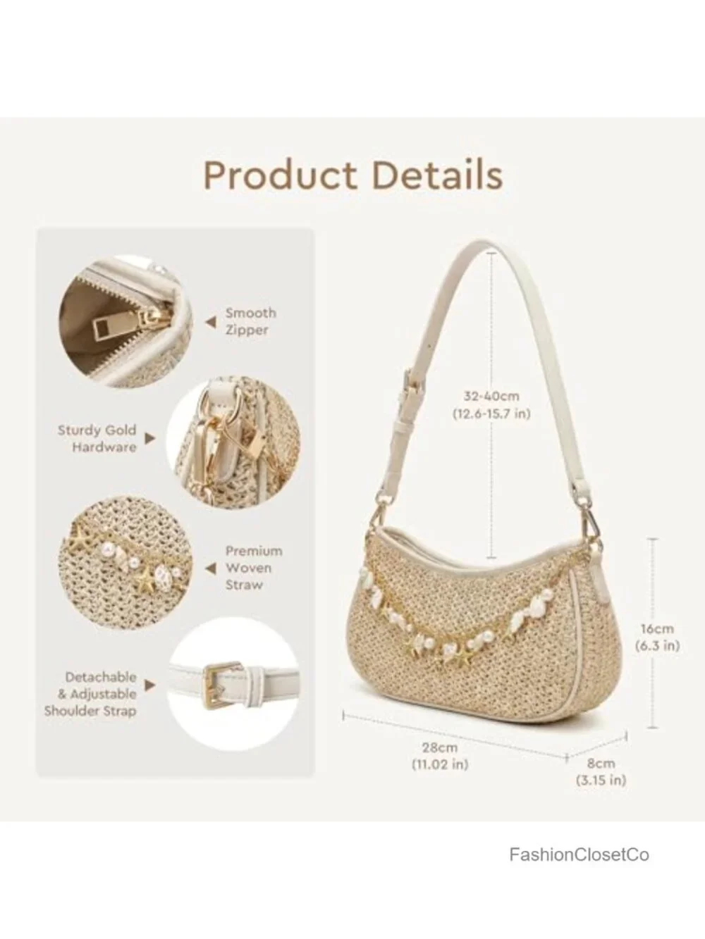 Boho Woven Raffia Hobo Purse with Charm Chain Adjustable Strap Summer Beach